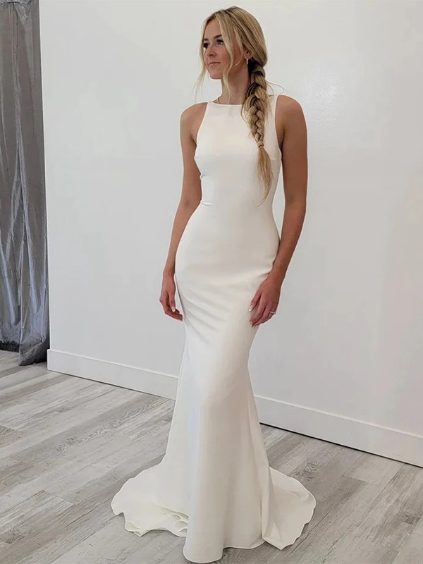 Sheath/Column Stretch Crepe Bateau Sleeveless Sweep/Brush Train Wedding Dresses 1456