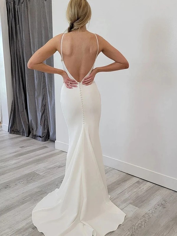 Sheath/Column Stretch Crepe Bateau Sleeveless Sweep/Brush Train Wedding Dresses 1456