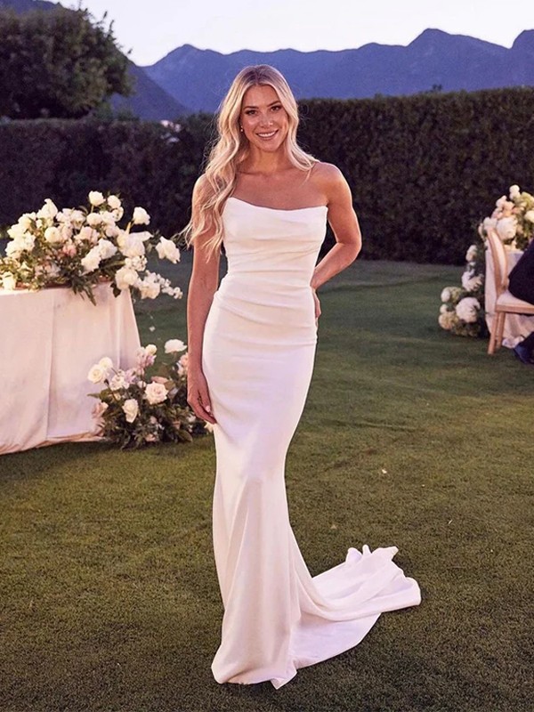 Sheath/Column Stretch Crepe Ruched Strapless Sleeveless Sweep/Brush Train Wedding Dresses 1497