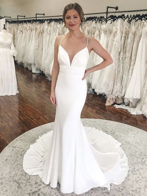 Sheath/Column Stretch Crepe Ruched V-neck Sleeveless Court Train Wedding Dresses 1503