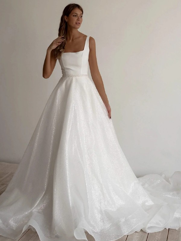 A-Line/Princess Sash/Ribbon/Belt Square Sleeveless Chapel Train Wedding Dresses 786