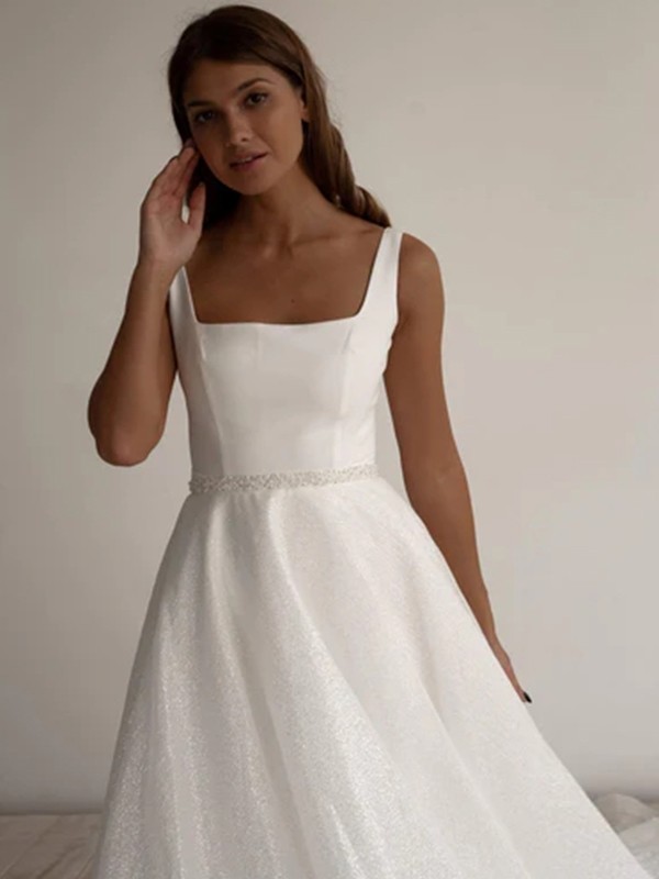 A-Line/Princess Sash/Ribbon/Belt Square Sleeveless Chapel Train Wedding Dresses 786