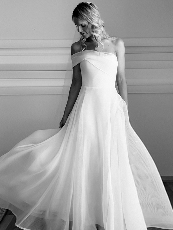 A-Line/Princess Organza Ruched One-Shoulder Sleeveless Court Train Wedding Dresses 774