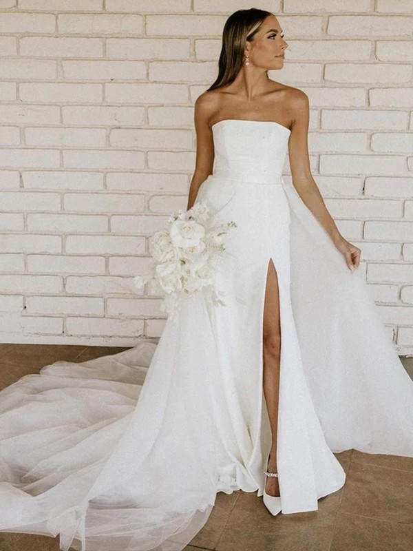 A-Line/Princess Stretch Crepe Ruched Strapless Sleeveless Cathedral Train Wedding Dresses 942