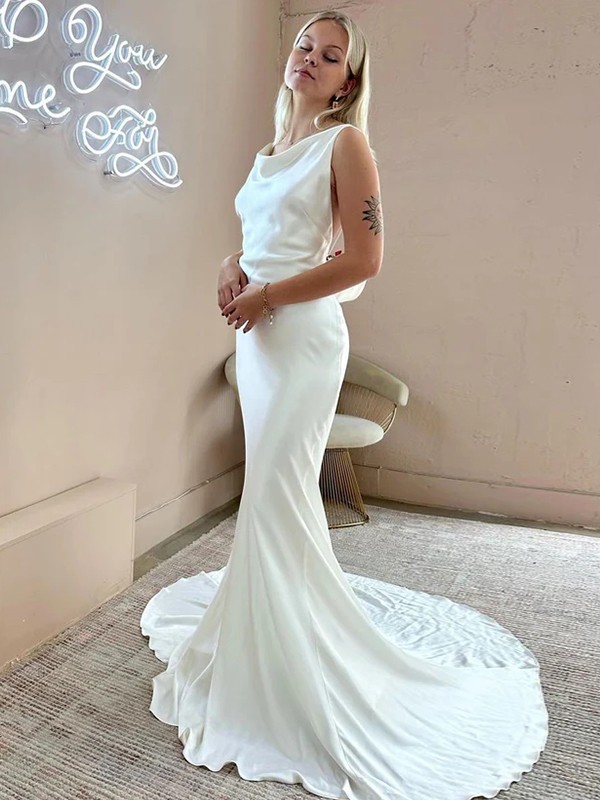 Sheath/Column Silk like Satin Ruched Scoop Sleeveless Court Train Wedding Dresses 1437