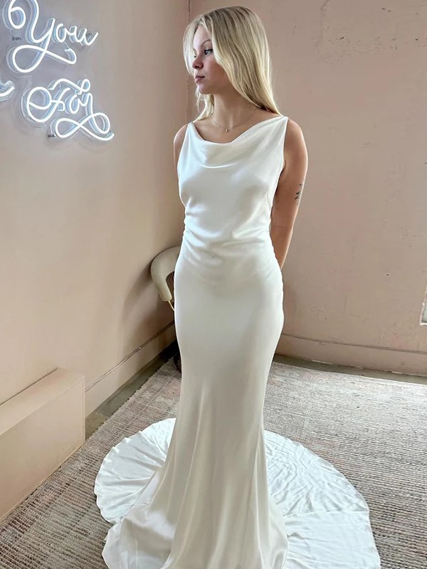 Sheath/Column Silk like Satin Ruched Scoop Sleeveless Court Train Wedding Dresses 1437