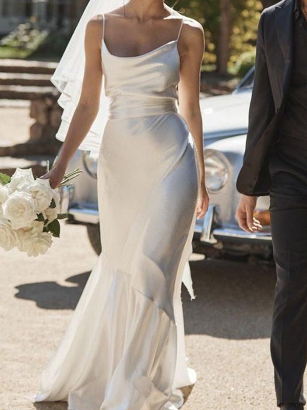 Sheath/Column Jersey Ruched Spaghetti Straps Sleeveless Floor-Length Wedding Dresses 1373