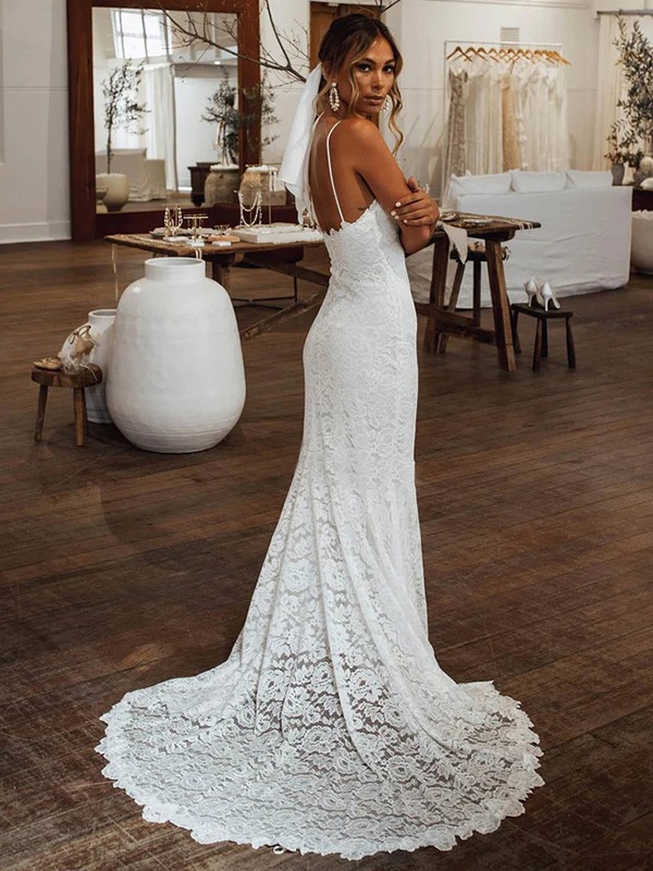 Sheath/Column Lace V-neck Sleeveless Court Train Wedding Dresses 1400