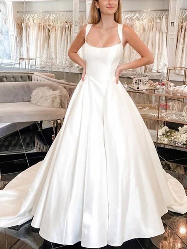 Ball Gown Satin Ruffles Straps Sleeveless Court Train Wedding Dresses 1229