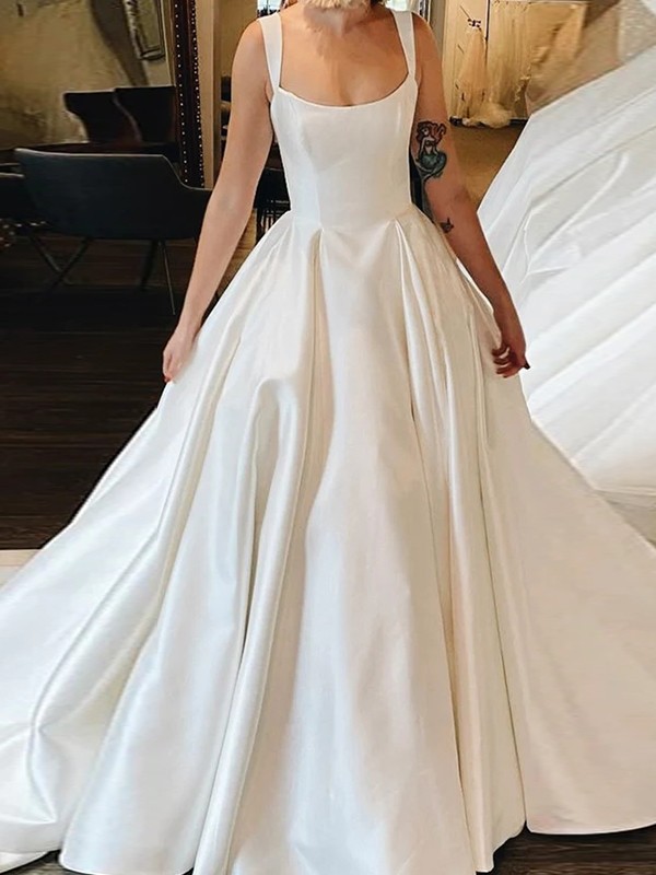 Ball Gown Satin Ruffles Straps Sleeveless Court Train Wedding Dresses 1229