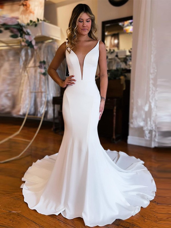 Trumpet/Mermaid Charmeuse Ruffles V-neck Sleeveless Chapel Train Wedding Dresses 1557