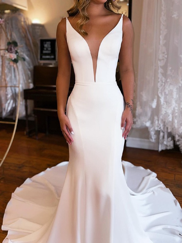 Trumpet/Mermaid Charmeuse Ruffles V-neck Sleeveless Chapel Train Wedding Dresses 1557