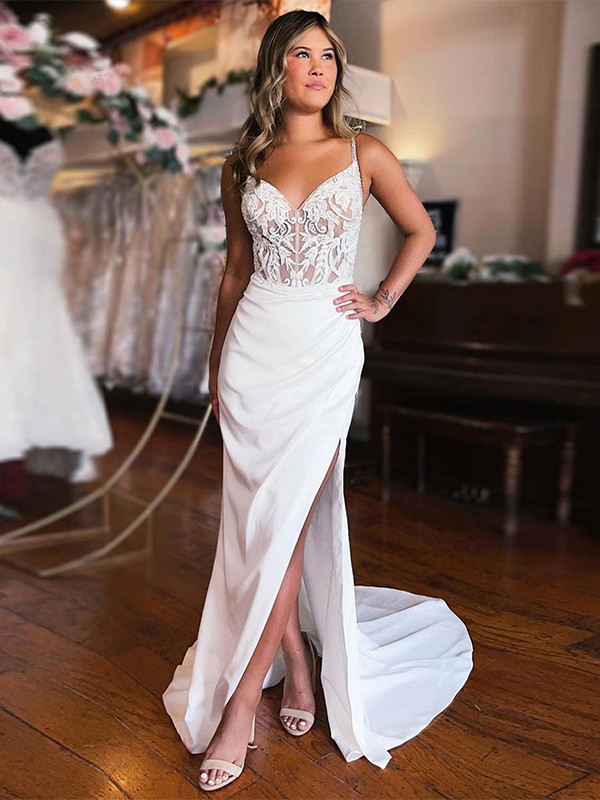 Sheath/Column Stretch Crepe Applique V-neck Sleeveless Court Train Wedding Dresses 1455