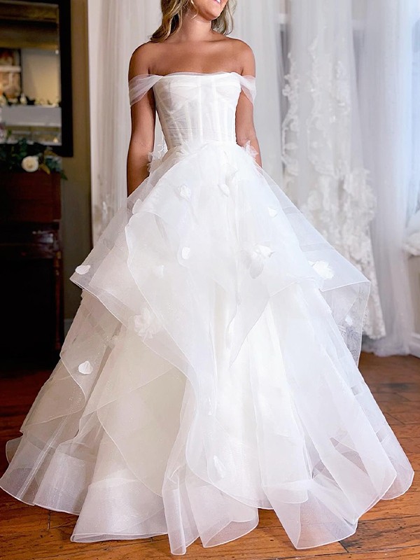 A-Line/Princess Tulle Ruched Off-the-Shoulder Sleeveless Floor-Length Wedding Dresses 1082