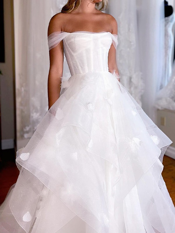 A-Line/Princess Tulle Ruched Off-the-Shoulder Sleeveless Floor-Length Wedding Dresses 1082