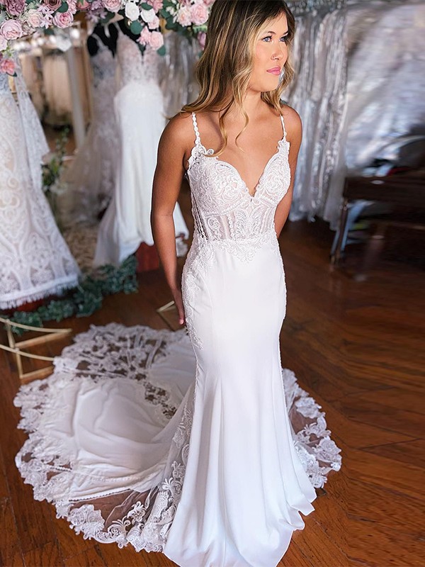 Trumpet/Mermaid Stretch Crepe Applique V-neck Sleeveless Cathedral Train Wedding Dresses 1679