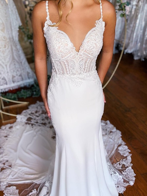 Trumpet/Mermaid Stretch Crepe Applique V-neck Sleeveless Cathedral Train Wedding Dresses 1679