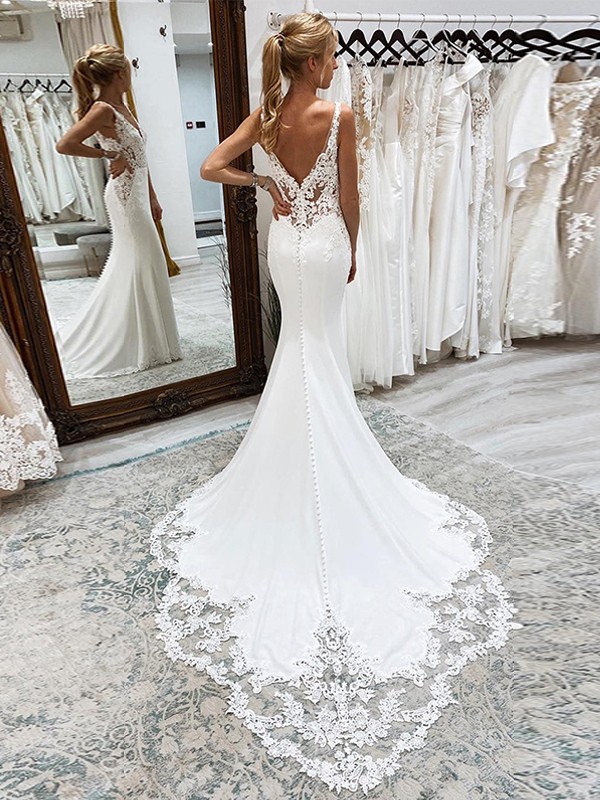 Trumpet/Mermaid Stretch Crepe Applique V-neck Sleeveless Cathedral Train Wedding Dresses 1680