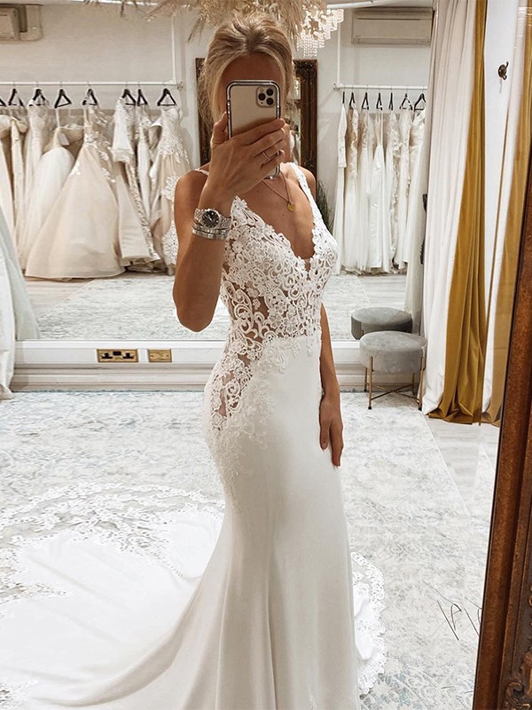 Trumpet/Mermaid Stretch Crepe Applique V-neck Sleeveless Cathedral Train Wedding Dresses 1680