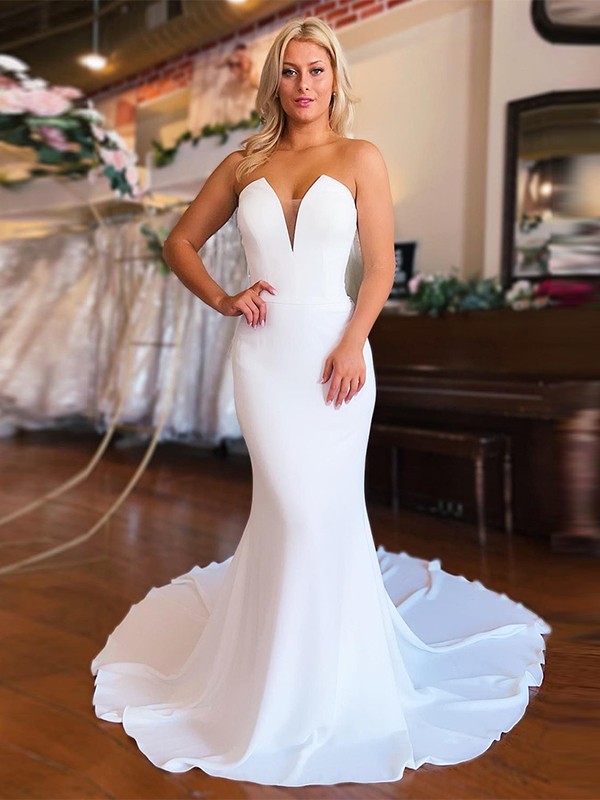 Trumpet/Mermaid Charmeuse Ruched V-neck Sleeveless Chapel Train Wedding Dresses 1556