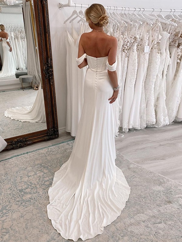 Sheath/Column Charmeuse Ruched Off-the-Shoulder Sleeveless Chapel Train Wedding Dresses 1351