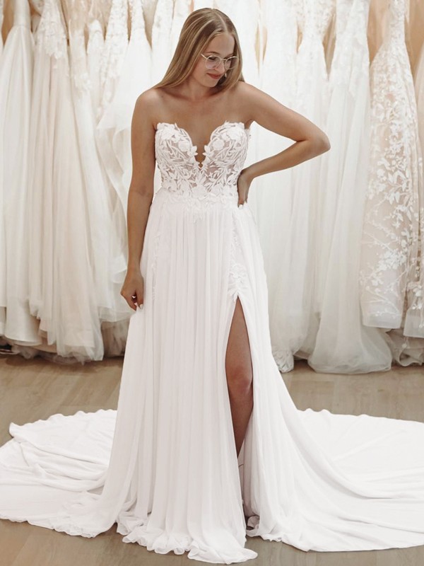 A-Line/Princess Chiffon Applique Sweetheart Sleeveless Chapel Train Wedding Dresses 635