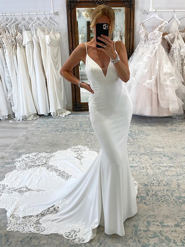 Trumpet/Mermaid Charmeuse Applique V-neck Sleeveless Cathedral Train Wedding Dresses 1554