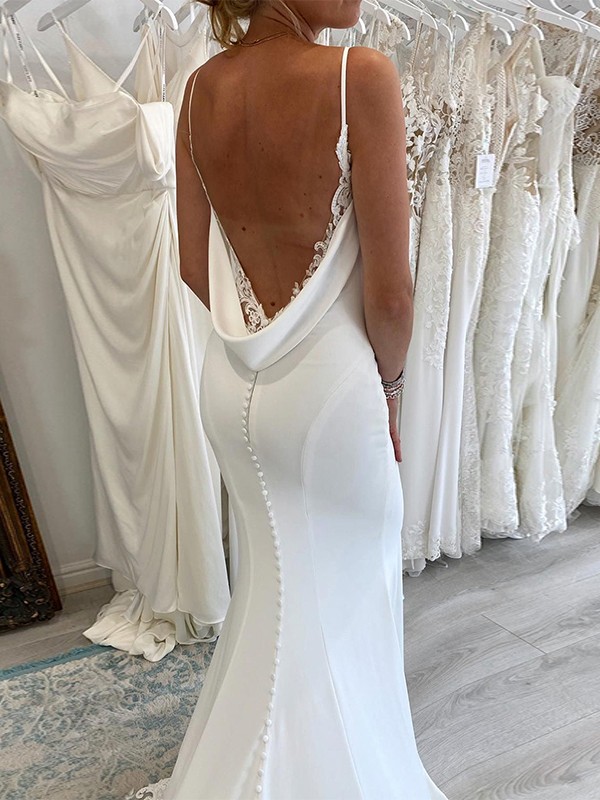 Trumpet/Mermaid Charmeuse Applique V-neck Sleeveless Cathedral Train Wedding Dresses 1554