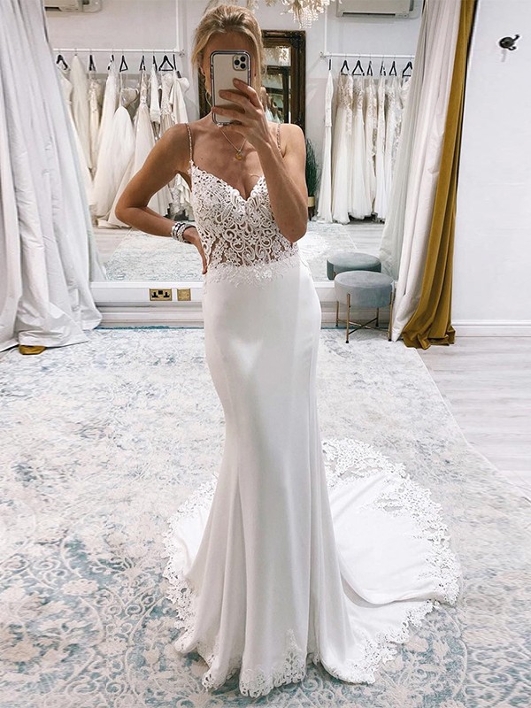 Trumpet/Mermaid Stretch Crepe Applique V-neck Sleeveless Court Train Wedding Dresses 1682