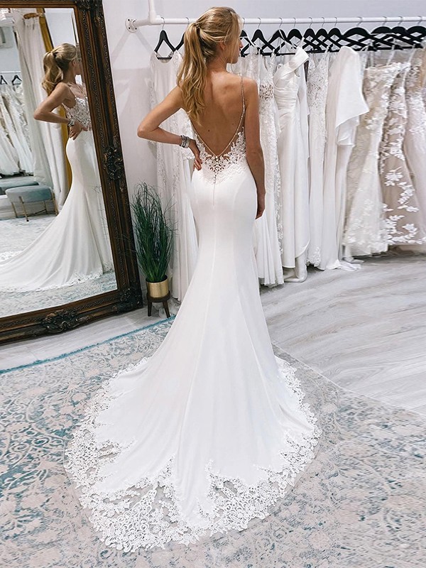 Trumpet/Mermaid Stretch Crepe Applique V-neck Sleeveless Court Train Wedding Dresses 1682