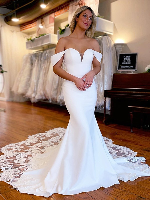 Sheath/Column Charmeuse Applique Off-the-Shoulder Sleeveless Cathedral Train Wedding Dresses 1347