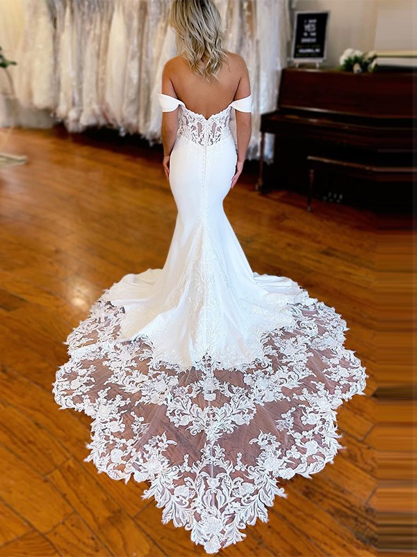 Sheath/Column Charmeuse Applique Off-the-Shoulder Sleeveless Cathedral Train Wedding Dresses 1347