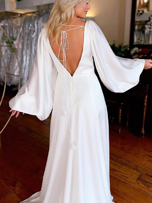 A-Line/Princess Charmeuse Ruched V-neck Long Sleeves Court Train Wedding Dresses 626