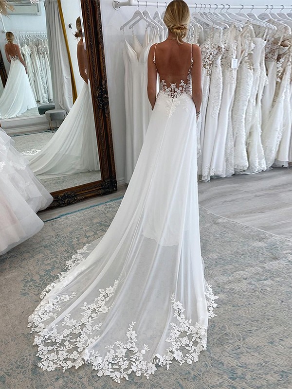 A-Line/Princess Chiffon Applique V-neck Sleeveless Chapel Train Wedding Dresses 637