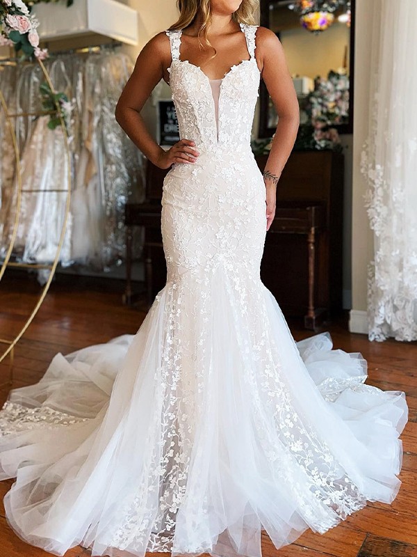 Trumpet/Mermaid Tulle Applique Off-the-Shoulder Sleeveless Cathedral Train Wedding Dresses 1706