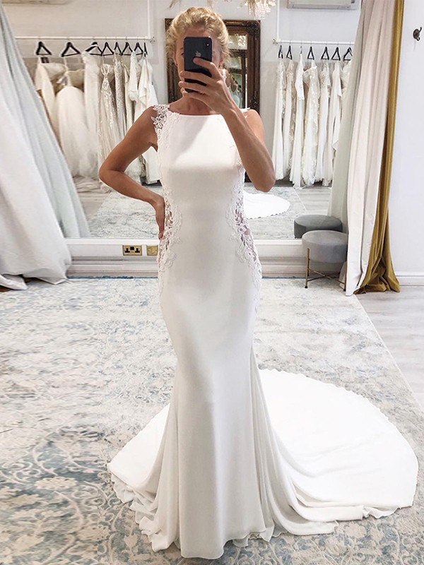 Trumpet/Mermaid Stretch Crepe Applique Bateau Sleeveless Chapel Train Wedding Dresses 1677