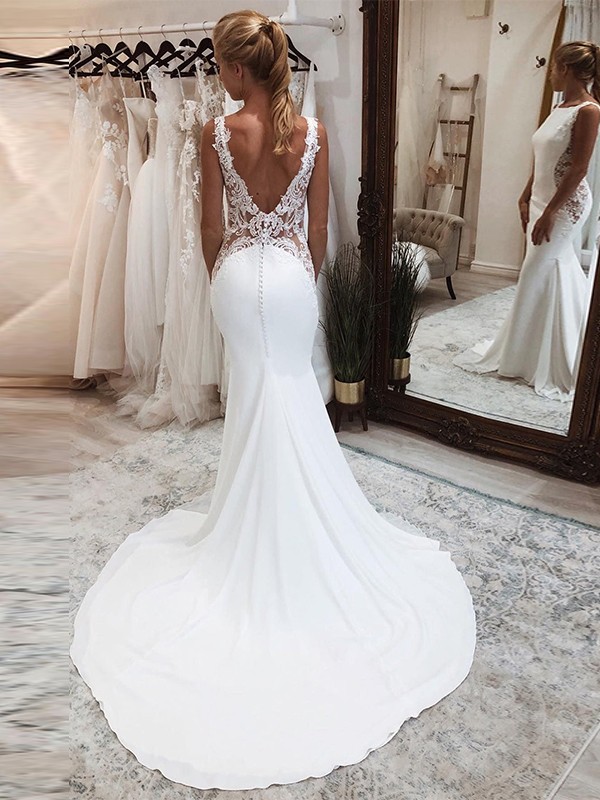 Trumpet/Mermaid Stretch Crepe Applique Bateau Sleeveless Chapel Train Wedding Dresses 1677