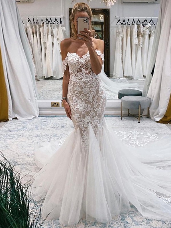 Trumpet/Mermaid Tulle Applique Off-the-Shoulder Sleeveless Cathedral Train Wedding Dresses 1707