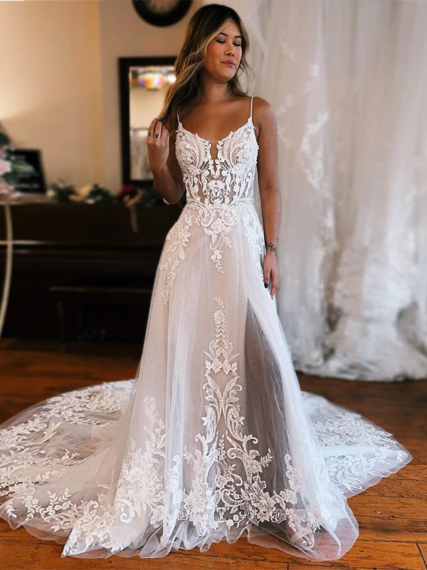 A-Line/Princess Tulle Applique Spaghetti Straps Sleeveless Chapel Train Wedding Dresses 995