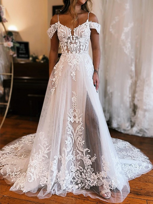 A-Line/Princess Tulle Applique Spaghetti Straps Sleeveless Chapel Train Wedding Dresses 995