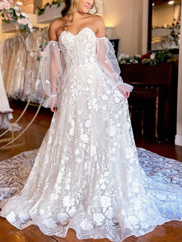 A-Line/Princess Lace Applique Sweetheart Long Sleeves Cathedral Train Wedding Dresses 702