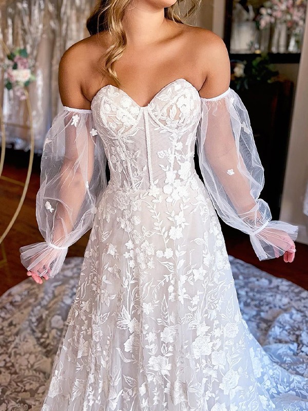 A-Line/Princess Lace Applique Sweetheart Long Sleeves Cathedral Train Wedding Dresses 702