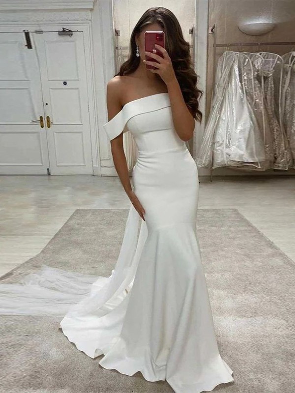 Trumpet/Mermaid Stretch Crepe Ruched Off-the-Shoulder Sleeveless Court Train Wedding Dresses 1685