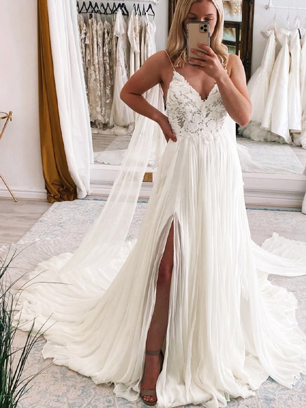 A-Line/Princess Chiffon Applique V-neck Sleeveless Chapel Train Wedding Dresses 638