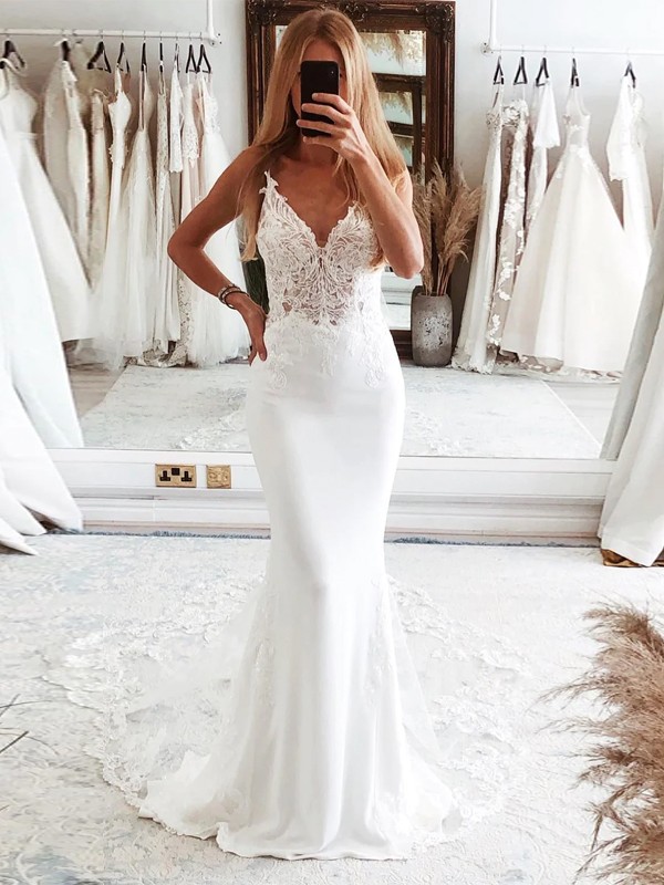 Trumpet/Mermaid Stretch Crepe Applique V-neck Sleeveless Cathedral Train Wedding Dresses 1681