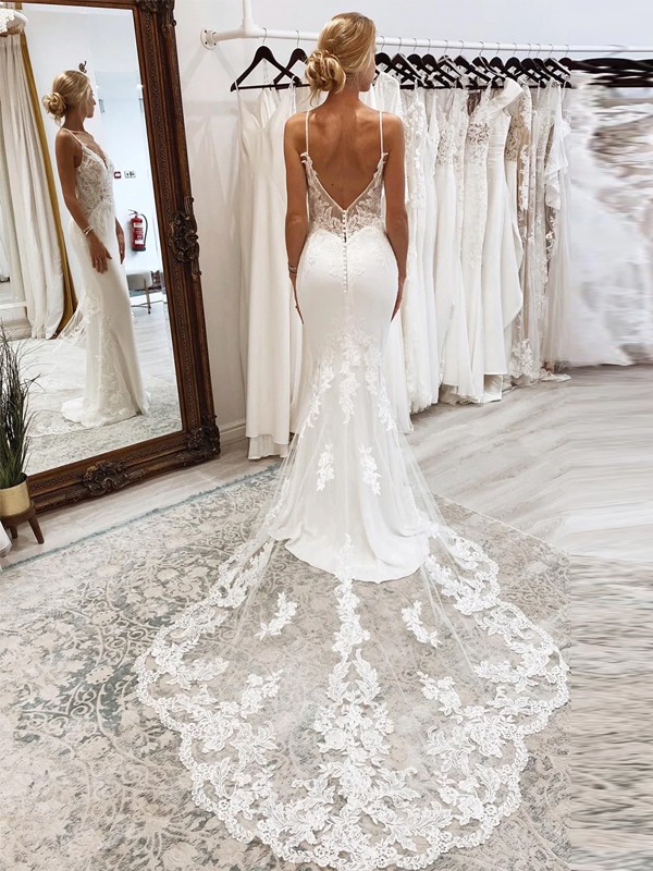 Trumpet/Mermaid Stretch Crepe Applique V-neck Sleeveless Cathedral Train Wedding Dresses 1681