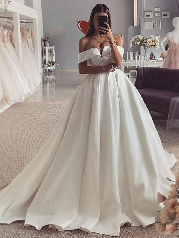 Ball Gown Satin Ruched Off-the-Shoulder Sleeveless Sweep/Brush Train Wedding Dresses 1224