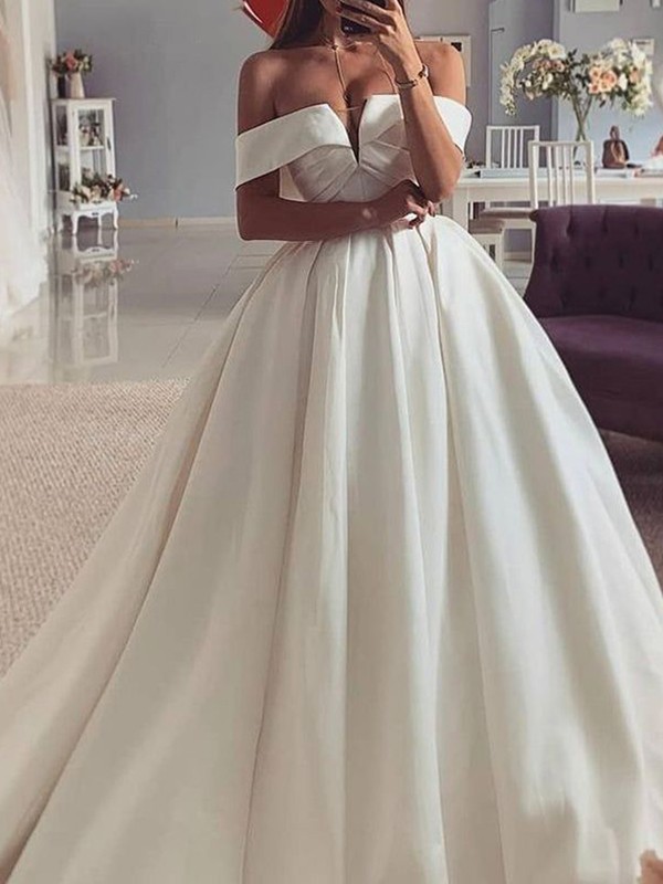 Ball Gown Satin Ruched Off-the-Shoulder Sleeveless Sweep/Brush Train Wedding Dresses 1224