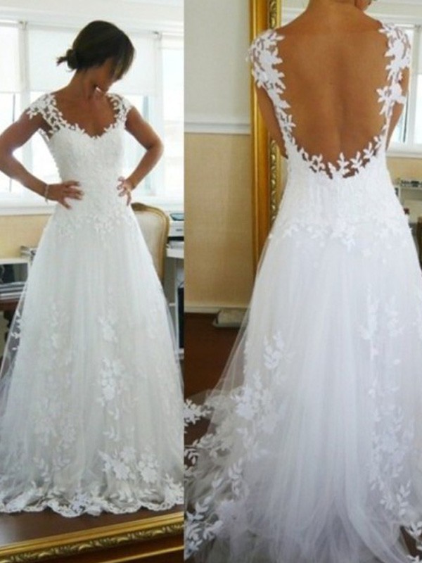 A-Line/Princess V-neck Sweep/Brush Train Lace Sleeveless Tulle Wedding Dresses 1156