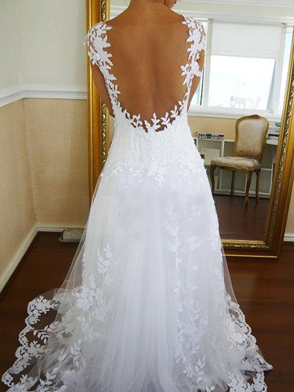 A-Line/Princess V-neck Sweep/Brush Train Lace Sleeveless Tulle Wedding Dresses 1156